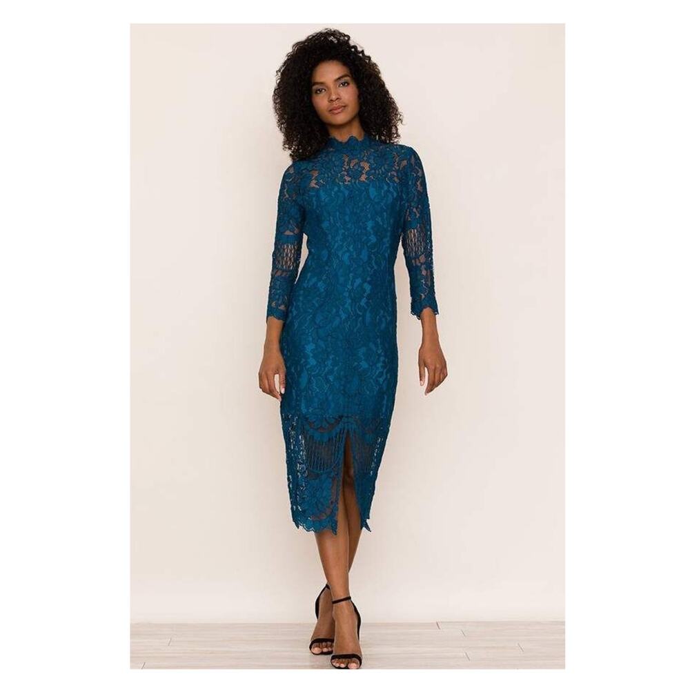 Yumi Kim Ink Blue Teal Leading Lady Lace Sheath Dress Sz.S